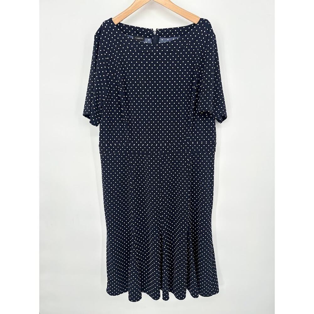 Talbots Womens 16 Navy‎ Blue Polka Dot Pleated Stretch Dress Midi Career Retro